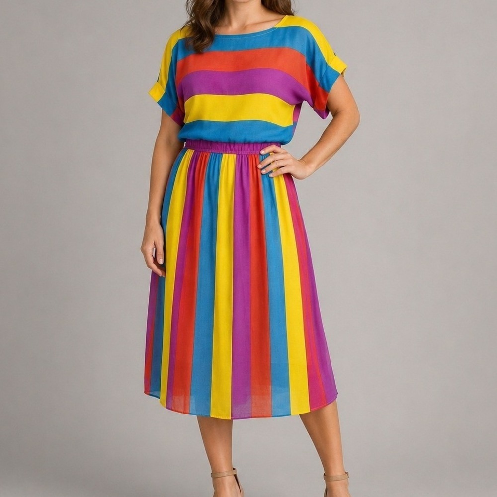 Vtg‎ 70s 80s Rashann Rainbow Stripe Sheer Polyester Dress Resort Disco Womens M